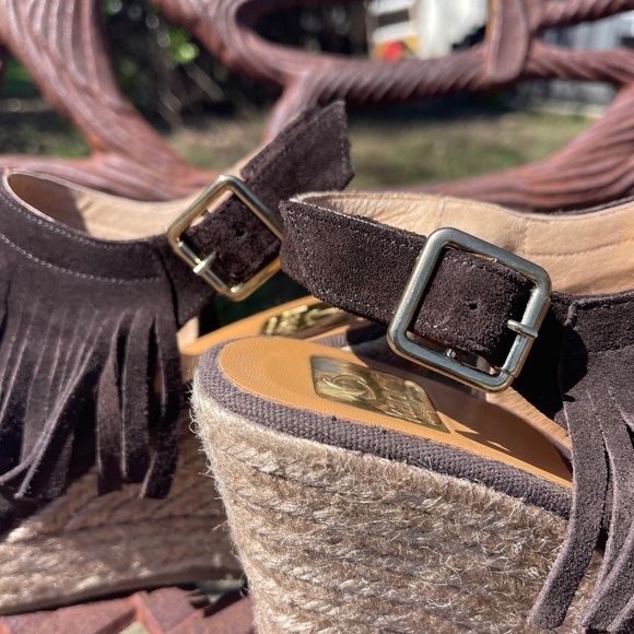 💋Kanna Brown Suede Leather Fringe Slingback Platform Wedge Open Toe Sandal - Picture 8 of 10